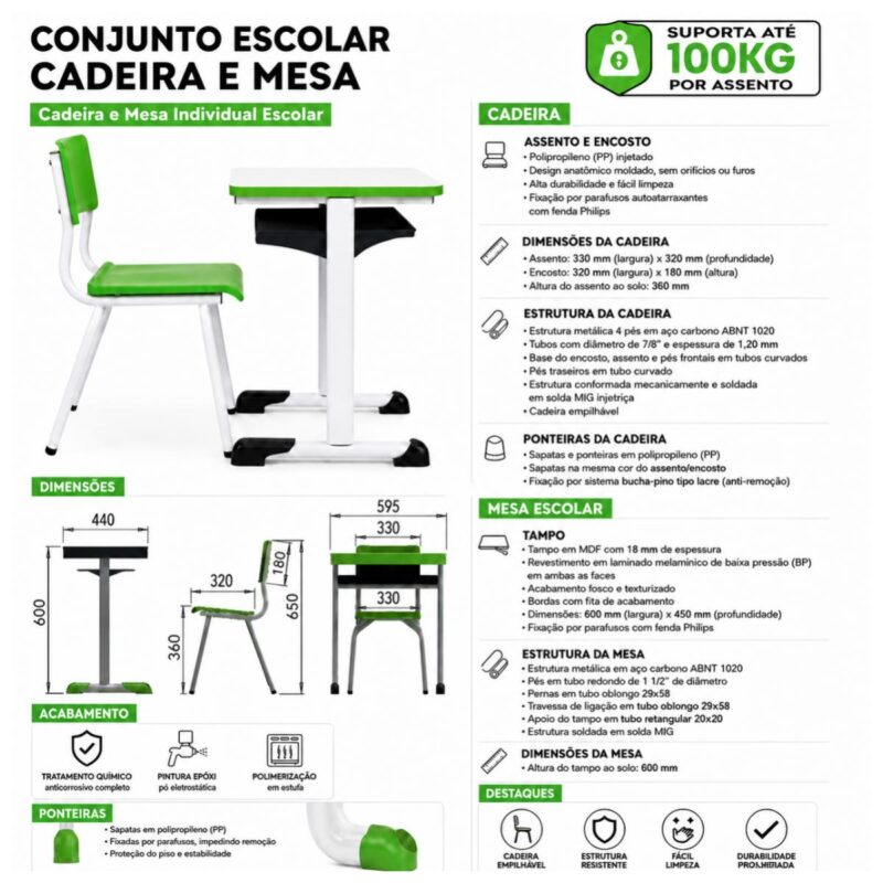 Conjunto Escolar Verde com Mesa e Cadeira 03 a 06 Anos