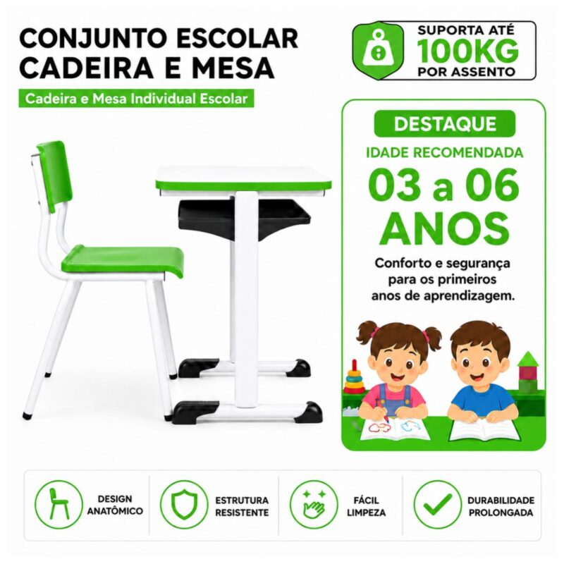 Conjunto Escolar Verde com Mesa e Cadeira 03 a 06 Anos