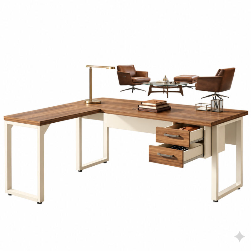 Mesa em L pé quadro com gavetas abertas, luminária dourada e livros, com poltronas e mesa de centro ao fundo.