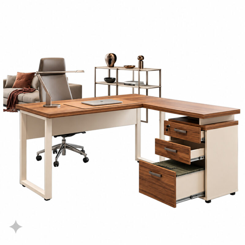 Mesa em L pé quadro com gaveteiro aberto, cadeira executiva, acessórios e mobiliário de apoio ao fundo.