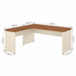 Mesa em L — dimensões das superfícies principal e auxiliar Mesa em L com cotas da mesa principal de 1,50 × 0,60 m, auxiliar de 0,90 × 0,45 m e altura de 0,74 m.