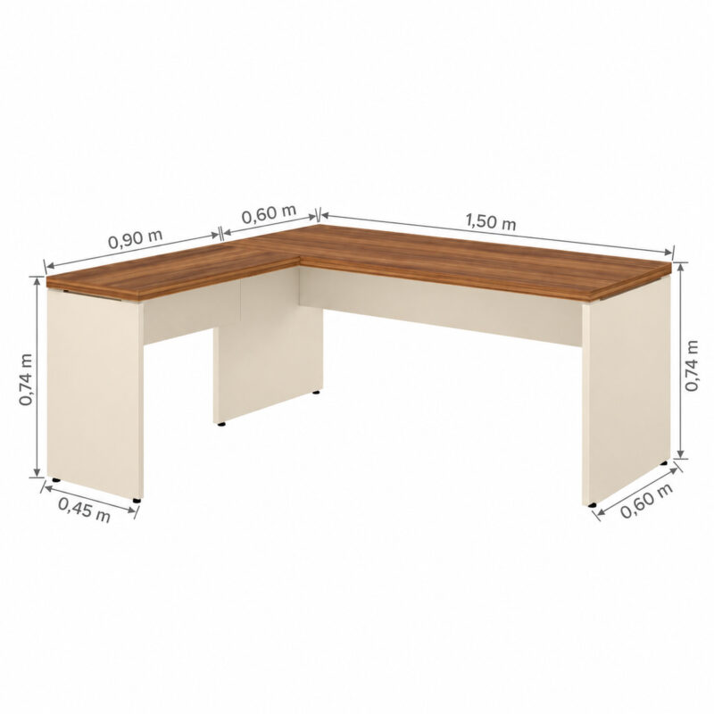 Mesa em L com cotas da mesa principal de 1,50 × 0,60 m, auxiliar de 0,90 × 0,45 m e altura de 0,74 m.