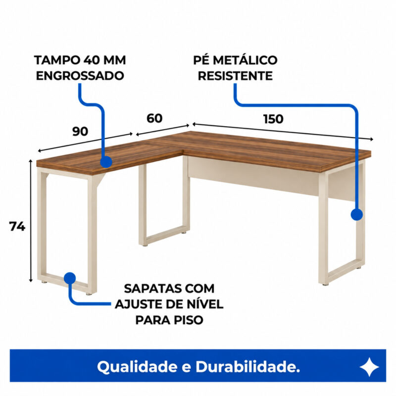 Mesa em L pé quadro com cotas de dimensões e indicações de tampo de 40 mm, pés metálicos e sapatas niveladoras.