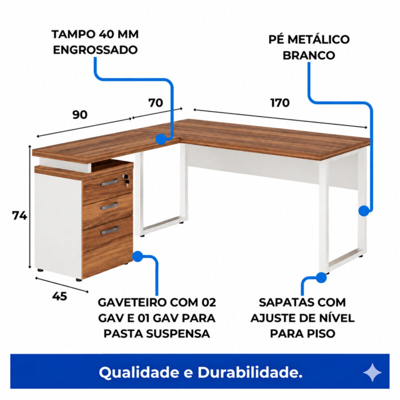 Mesa em L com cotas, tampo de 40 mm, pés metálicos e gaveteiro com duas gavetas e gavetão para pastas suspensas.