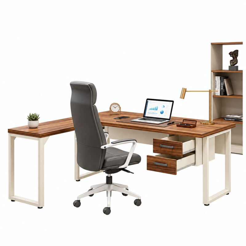 Mesa em L pé quadro com gavetas abertas, notebook e cadeira de encosto alto, acompanhada de estante.