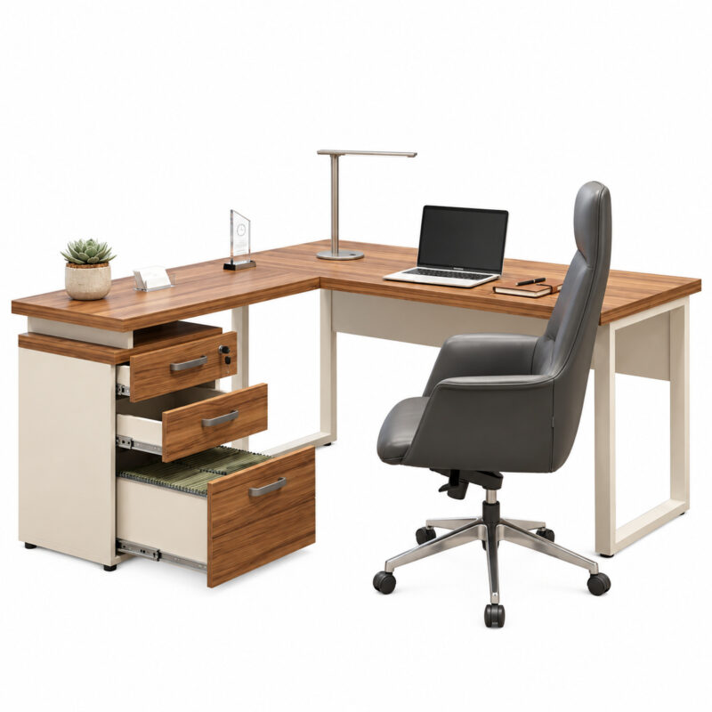 Mesa em L com gaveteiro aberto, notebook e luminária, acompanhada de cadeira cinza de encosto alto.
