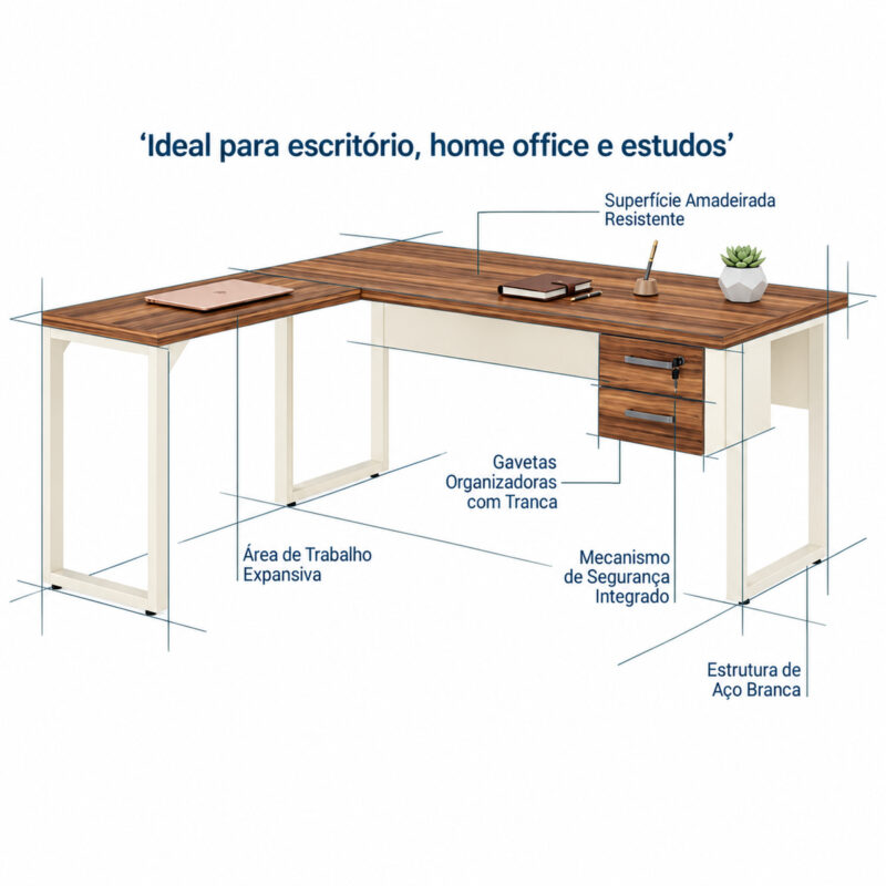 Mesa em L pé quadro em diagrama com chamadas para superfície amadeirada, gavetas com tranca e estrutura de aço.