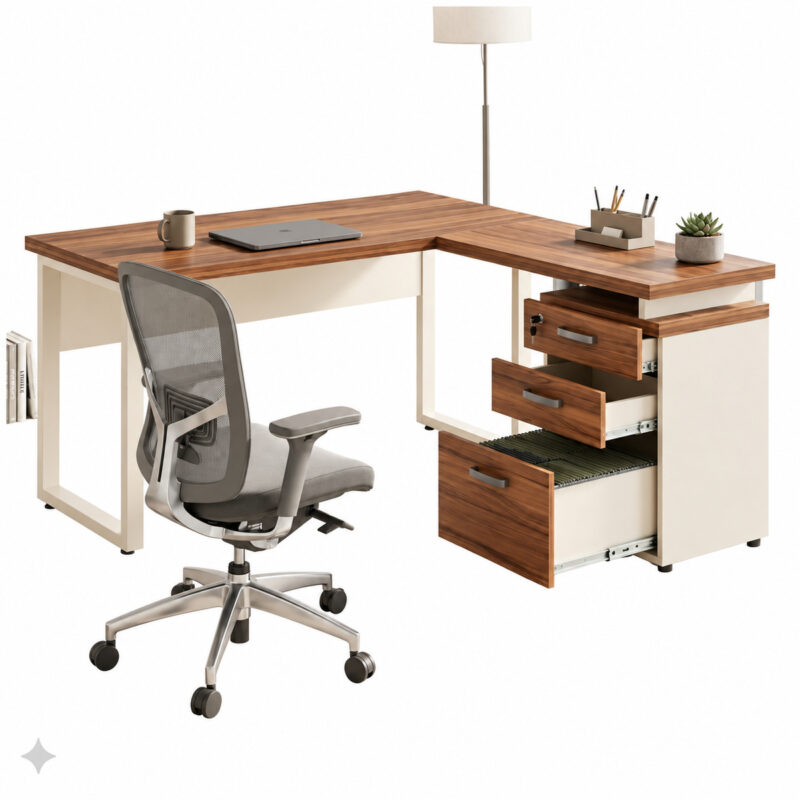 Mesa em L com gaveteiro aberto, cadeira de tela cinza, luminária de piso e acessórios sobre o tampo.