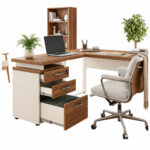 Mesa em L com gaveteiro — composição com cadeira clara Mesa em L com gaveteiro aberto, notebook, cadeira clara, estante e plantas em composição de escritório.
