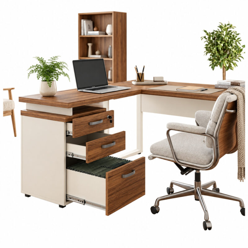 Mesa em L com gaveteiro aberto, notebook, cadeira clara, estante e plantas em composição de escritório.