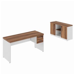 Kit Mesa Escritório 1,70x0,60m c/ Gavetas + Armário Baixo Credenza - WORKSTART - NOGAL SEVILHA/BRANCO - 34335