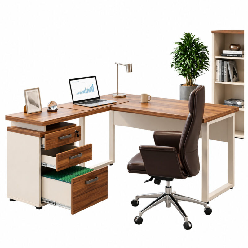 Mesa em L com gaveteiro aberto, notebook e cadeira marrom, acompanhada de estante, planta e luminária.