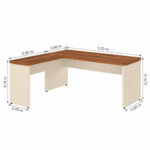 Medidas do conjunto da mesa em L com extensão lateral Esquema da mesa em L com cotas de 1,50 m, extensão de 0,90 m e profundidades de 0,60 m e 0,45 m.