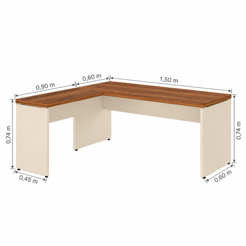 Esquema da mesa em L com cotas de 1,50 m, extensão de 0,90 m e profundidades de 0,60 m e 0,45 m.