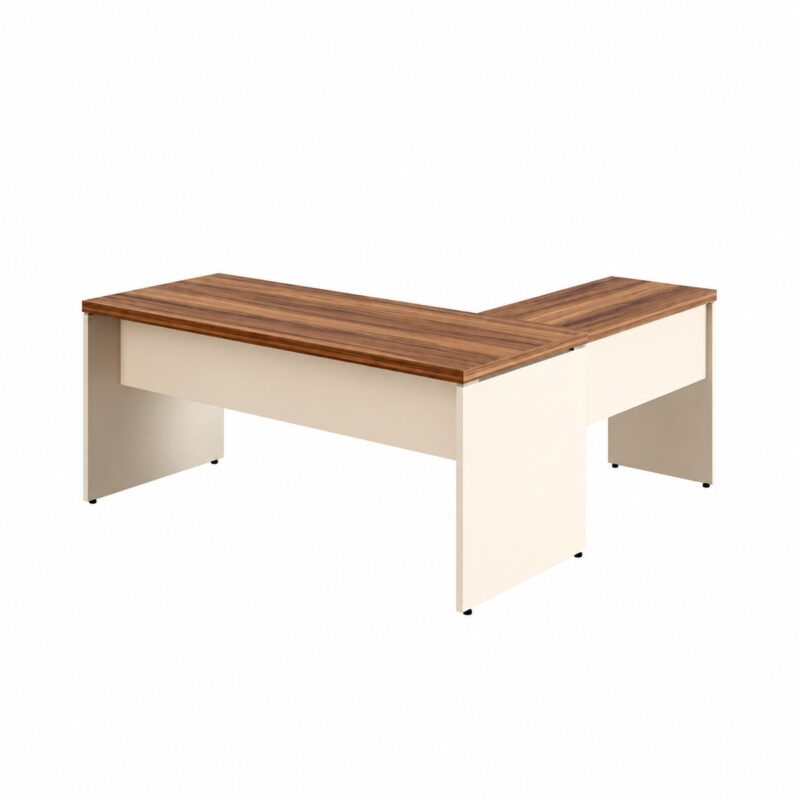 Mesa em L vista pelo lado externo, mostrando tampos amadeirados, painéis horizontais e pés painel claros.