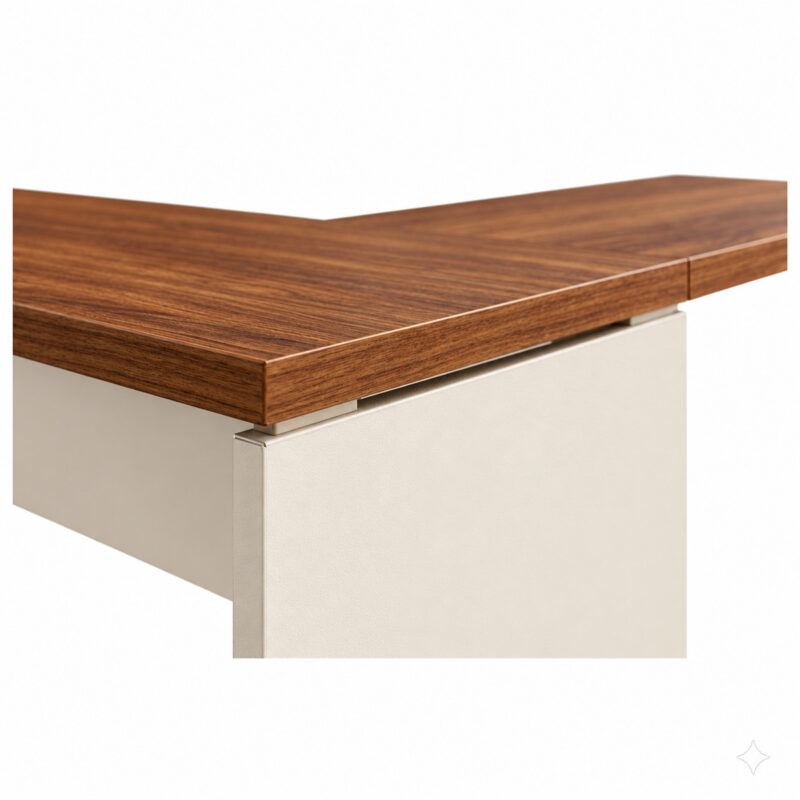 Detalhe do canto externo da mesa em L, com junção dos tampos amadeirados e distanciadores sobre o painel claro.