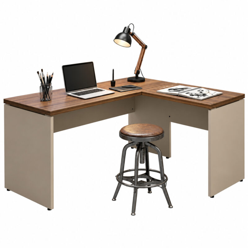 Mesa em L com notebook, luminária e materiais sobre os tampos, acompanhada de banqueta no espaço central.