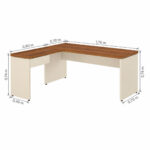 Mesa em L — Dimensões da Principal e da Auxiliar Mesa em L com indicações de medidas da superfície principal, da auxiliar e da altura de 0,74 m.