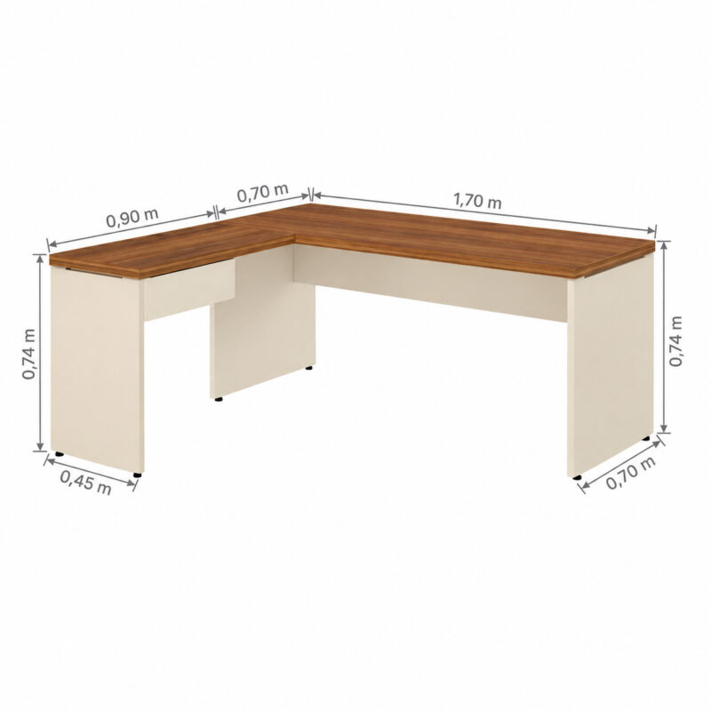 Mesa em L com indicações de medidas da superfície principal, da auxiliar e da altura de 0,74 m.
