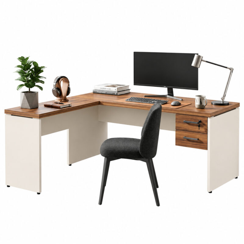 Mesa em L com monitor, teclado, luminária e acessórios, acompanhada de cadeira preta e gaveteiro com duas gavetas.