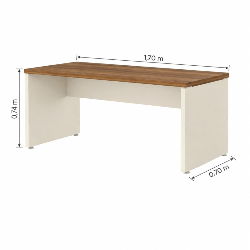 Mesa principal com tampo amadeirado e painéis claros, indicando largura de 1,70 m, profundidade de 0,70 m e altura de 0,74 m.