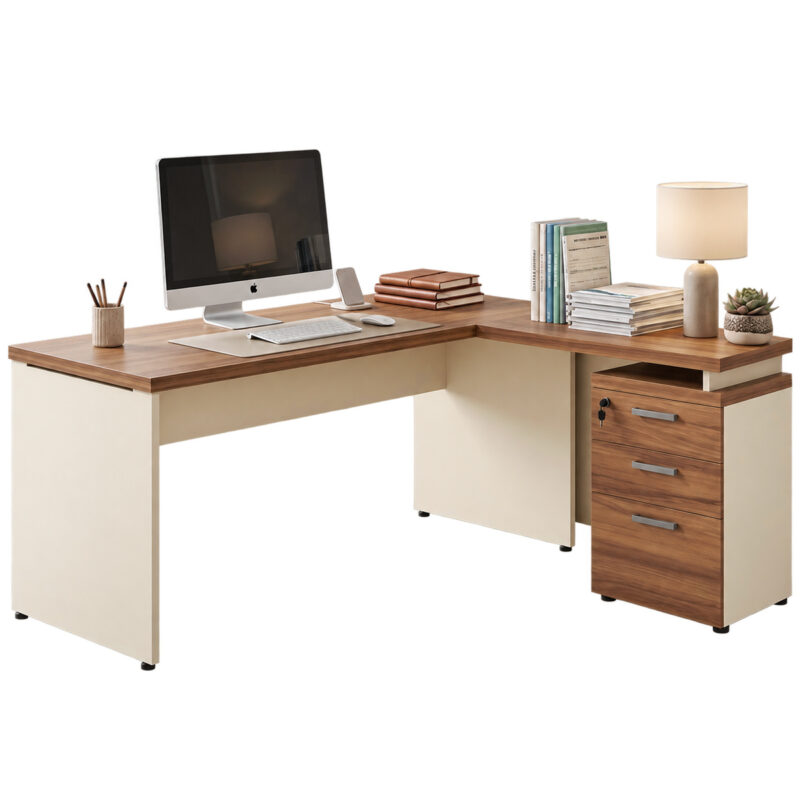 Mesa em L com computador, livros e luminária sobre os tampos, com três gavetas fechadas à direita.