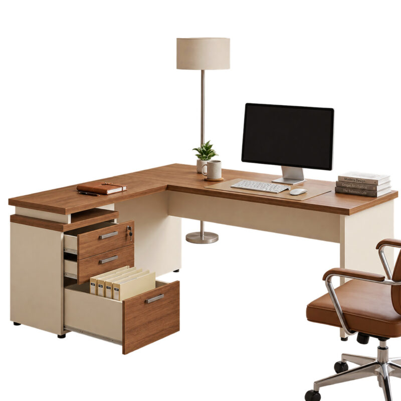 Mesa em L com gavetas abertas, computador e acessórios, acompanhada de cadeira marrom e luminária de piso.