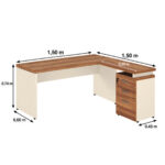 Esquema da mesa em L com lados de 1,50 m, altura de 0,74 m e profundidades indicadas de 0,60 m e 0,45 m.