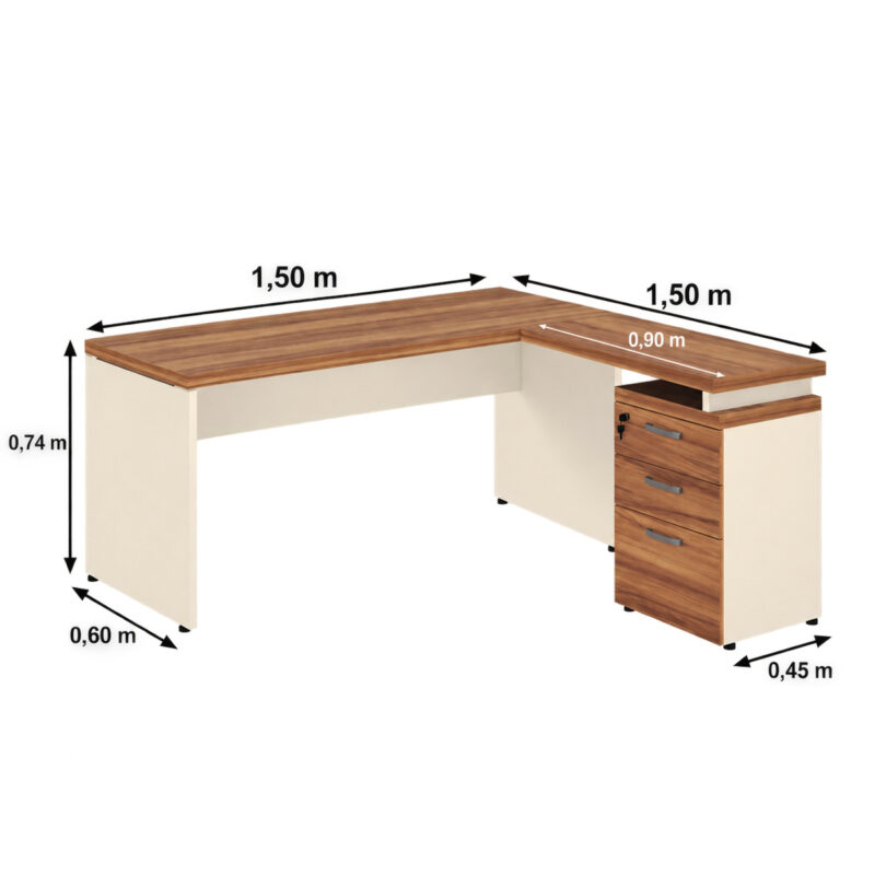 Esquema da mesa em L com lados de 1,50 m, altura de 0,74 m e profundidades indicadas de 0,60 m e 0,45 m.