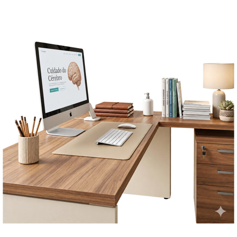 Vista aproximada da mesa em L com monitor, teclado, porta-lápis e livros sobre o tampo amadeirado.