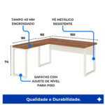 Mesa em L Pé Quadro — Medidas e Componentes Mesa em L pé quadro com medidas ilustradas e destaques do tampo de 40 mm, dos pés metálicos e das sapatas.