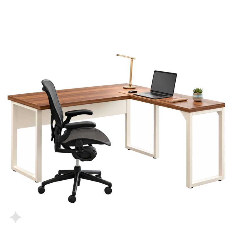 Mesa em L pé quadro com notebook, luminária e planta, acompanhada de cadeira giratória preta com encosto de tela.
