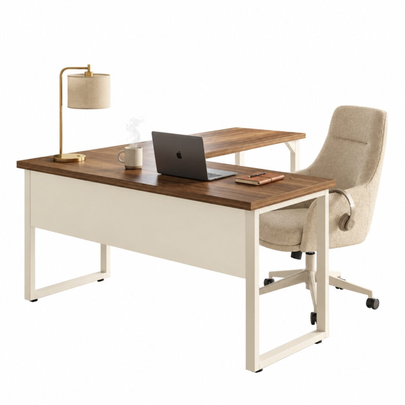 Mesa em L com notebook, luminária e acessórios, acompanhada de cadeira giratória estofada clara.