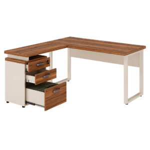 Mesa em L pé quadro com duas gavetas e gavetão abertos, tampos amadeirados e estrutura metálica clara.