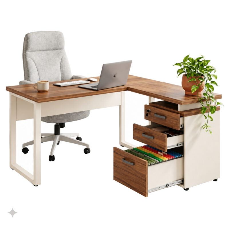 Mesa em L com notebook, planta e cadeira clara, além de gavetas abertas e pastas coloridas no gavetão.