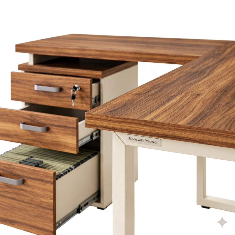 Mesa em L com aproximação dos tampos e do gaveteiro aberto, chave superior e pastas suspensas no gavetão.