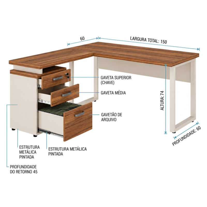 Mesa em L com diagrama indicando dimensões, estrutura metálica, gaveta superior com chave e gavetão de arquivo.