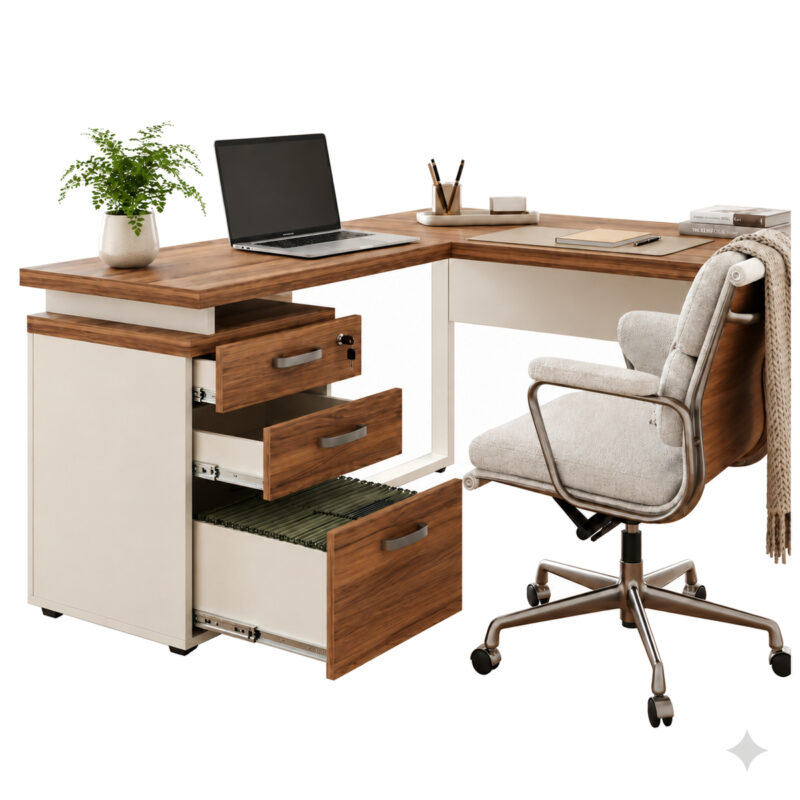 Mesa em L com notebook e planta, acompanhada de cadeira clara com manta e gaveteiro aberto com pastas.