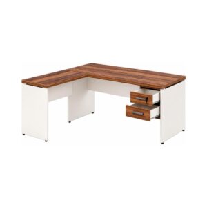 Mesa em L com duas gavetas abertas, tampos amadeirados Nogal Sevilha e pés em painel Champanhe.