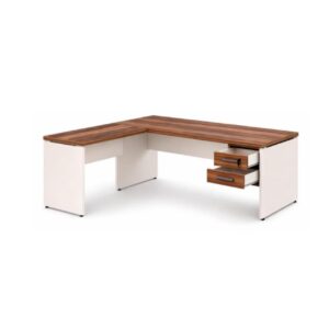 Mesa em L (Mesa 1,50m + Mesa Auxiliar) - C/ Gavetas - WORKSTART - NOGAL SEVILHA/BRANCO - 34324
