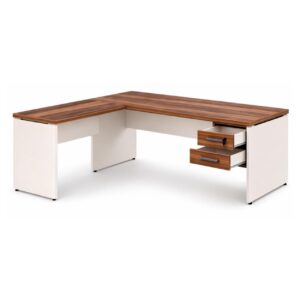 Mesa em L (Mesa 1,70m + Mesa Auxiliar) - C/ Gavetas - (Tampo 40mm) - Nogal Sevilha / Champanhe - 34326