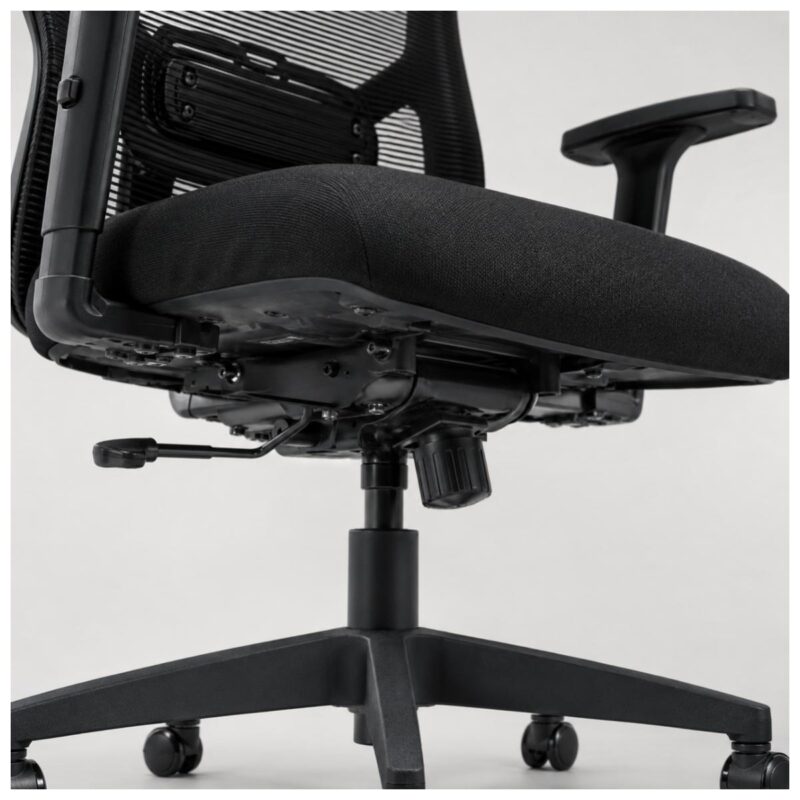Macro técnico da união entre encosto, suporte lombar e estrutura da Cadeira Orion Presidente.