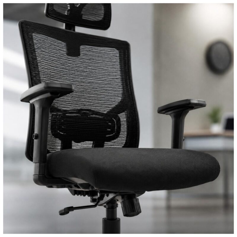 Detalhe comercial do assento preto da Cadeira Orion Presidente com acabamento uniforme e formato amplo.