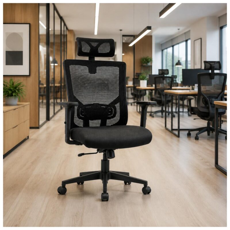 Cadeira Orion Presidente com tela mesh em coworking moderno com mesas compartilhadas.