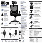 Ficha técnica da Cadeira Orion Presidente com ajustes ergonômicos, mecanismo relax e capacidade para 120 quilos.