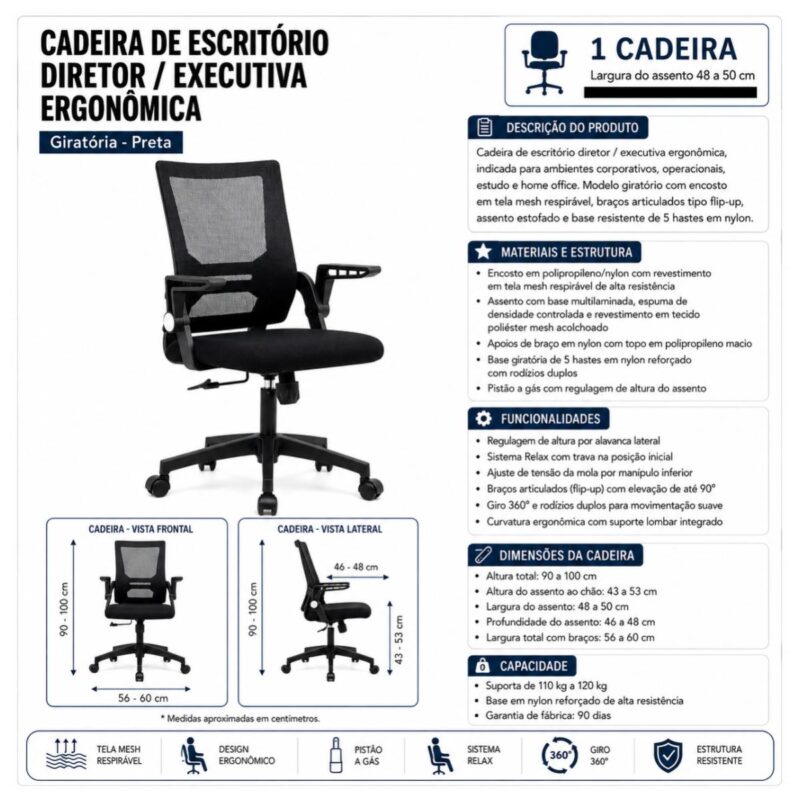 Cadeira de Escritório Cadeira de Escritório Tela Mesh Ajustável para Home Office