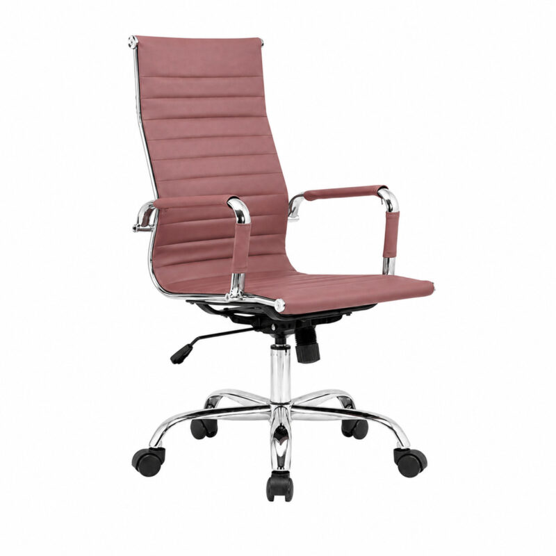 Cadeira Presidente Charles Eames Terracota em vista frontal direita, com braços cromados e base giratória.