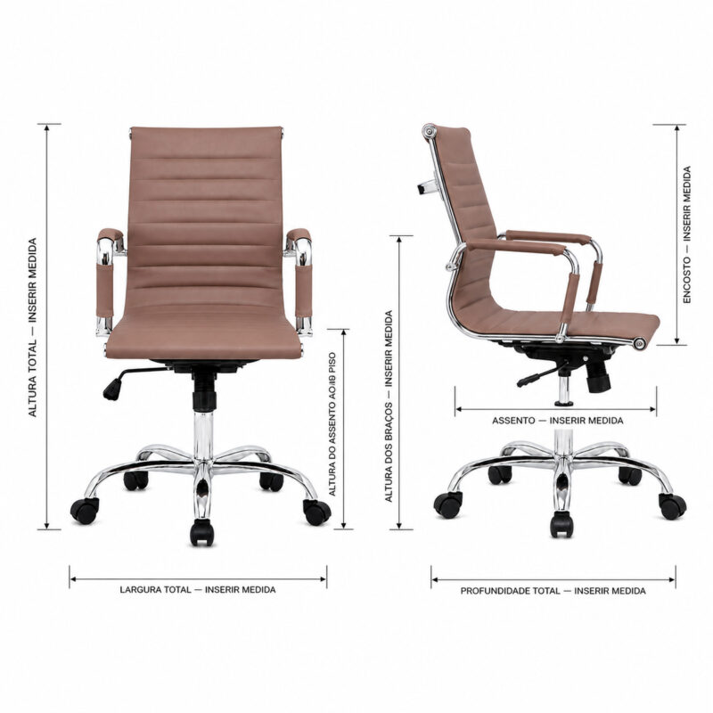 Cadeira Diretor Charles Eames Terracota em prancha técnica frontal e lateral com campos para medidas