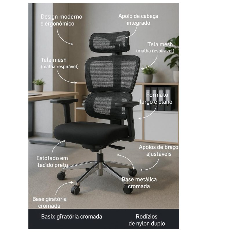 Cadeira Escritório Cadeira de Escritório Presidente Tela ÉDON - Cor Preto - 30066