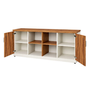 Armário credenza Sevilha e Champanhe com duas portas abertas, prateleiras laterais e quatro nichos centrais.
